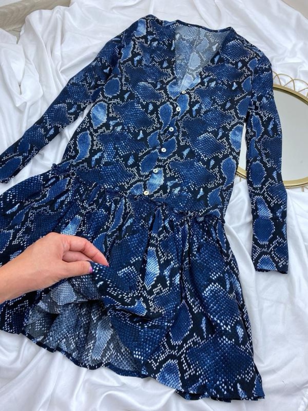 Zara Blue Snake-Print Long Sleeve Dress